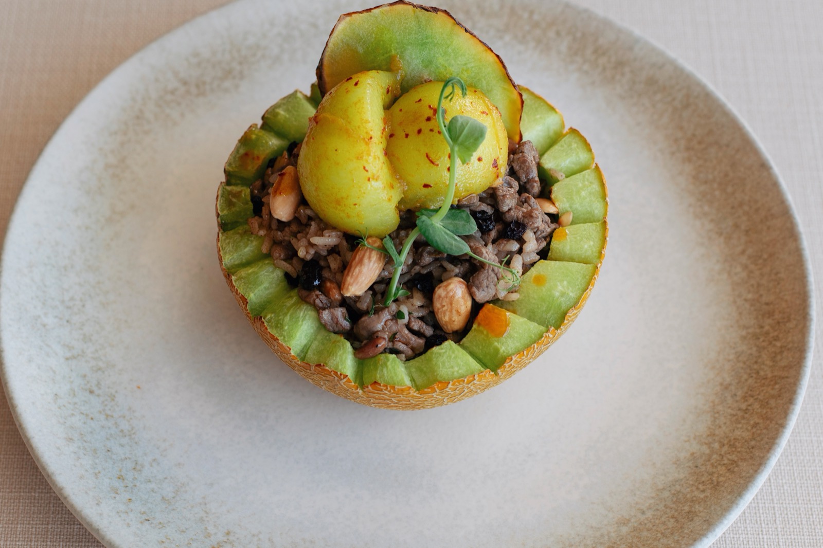 Shyra Restaurant - Ottoman stuffed melon filled with beef tenderloin, rice, dried fruit and pistachios