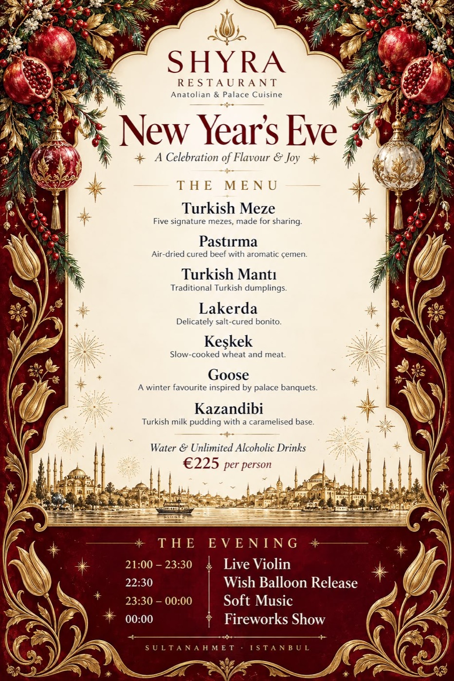 Shyra Restaurant - 2027 New Year's Eve menu and evening programme