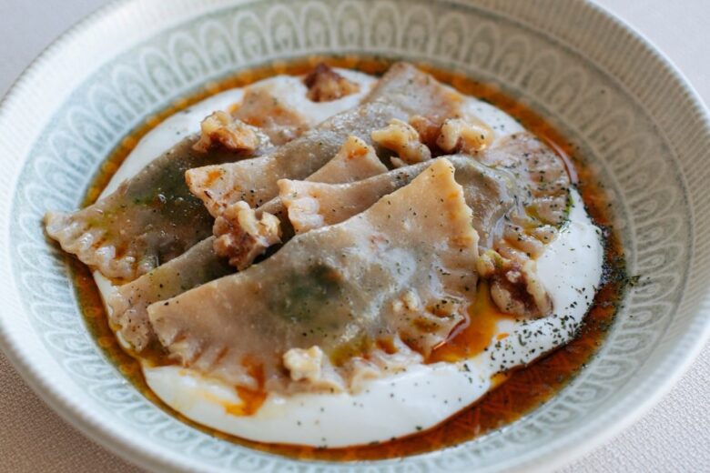 Shyra Restaurant - Piruhi, spinach and tulum cheese dumplings on yogurt with walnuts and red butter